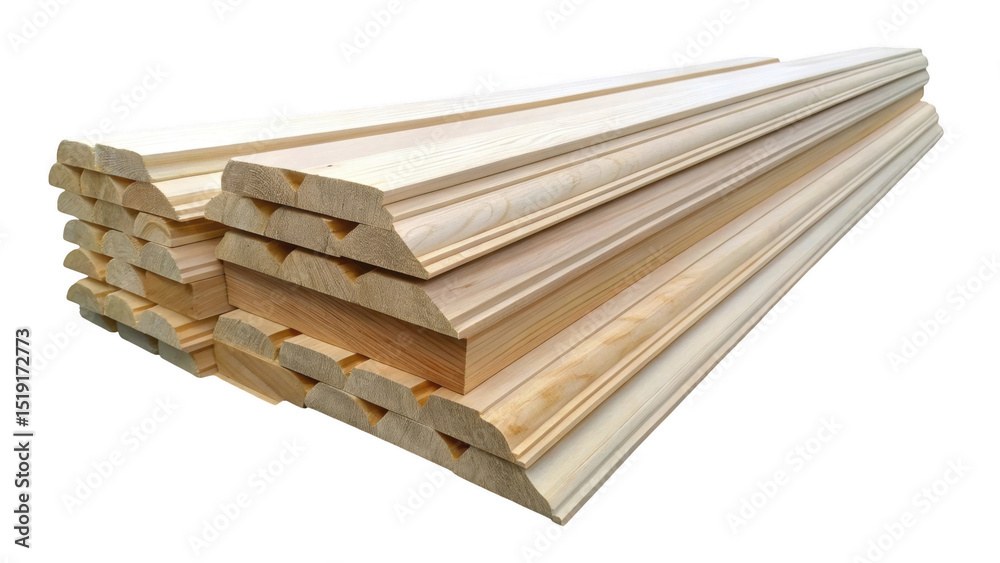 Poster wooden skirting boards are stacked and creating a visually appealing arrangement against a transpare
