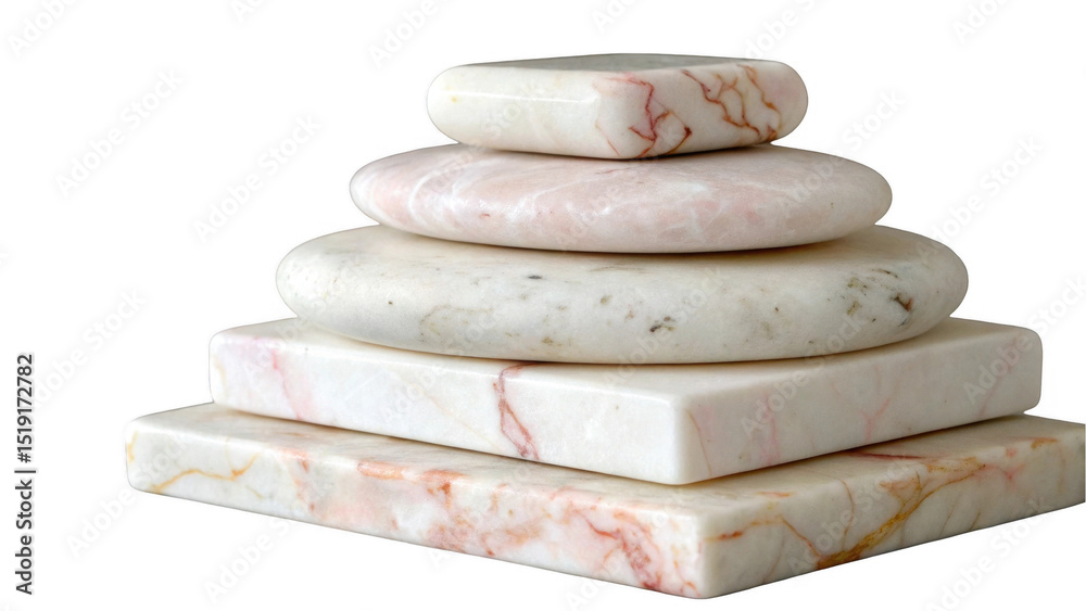 Poster five marble coasters, varying in shape and size, are stacked to create a pyramid shape against a tra