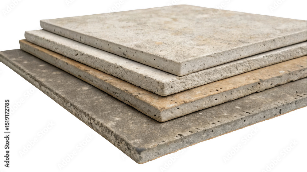 Poster Four stone tiles stacked in a neat pile, showcasing varying textures and colors. The transparent background highlights the natural stone patterns, ideal for construction or design concepts