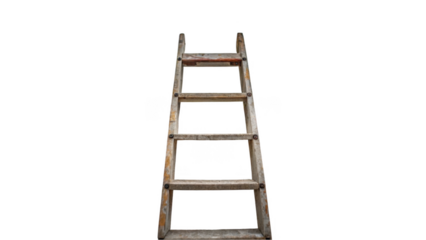 Old wooden ladder with four steps isolated on transparent background, showing signs of wear and tear, suitable for concepts related to construction, diy, or reaching new heights