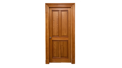 Classic wooden door with frame and metal handle isolated on transparent background, perfect for architectural visualizations and interior design projects
