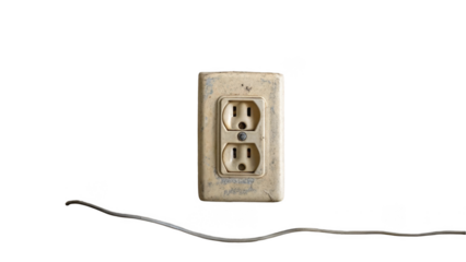 Vintage electrical outlet featuring two sockets and exposed wiring, set against a transparent background. The aged appearance highlights wear and the passage of time