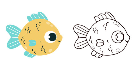 Cute Fish. Isolated Color and Outline Line drawing, coloring book. Vector illustration. Kids collection