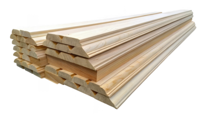 Wooden skirting boards are stacked and creating a visually appealing arrangement against a transparent background, ready for use in interior finishing and renovation projects