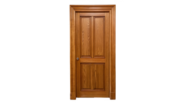 Classic wooden door with frame and metal handle isolated on transparent background, perfect for architectural visualizations and interior design projects - Powered by Adobe