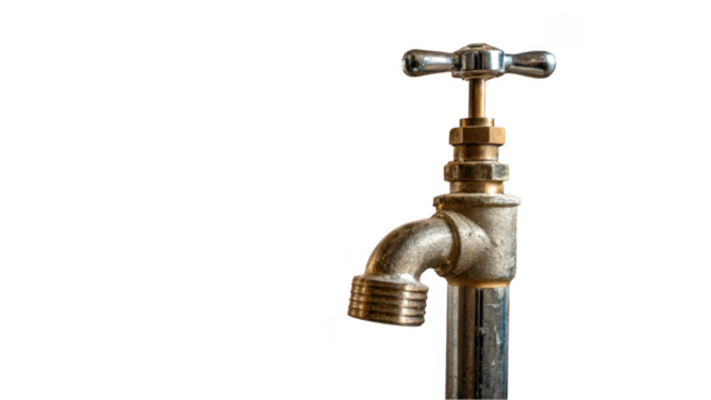 Close up of an old, tarnished brass tap with a chrome handle, isolated on a transparent background, ready for compositing into various design projects