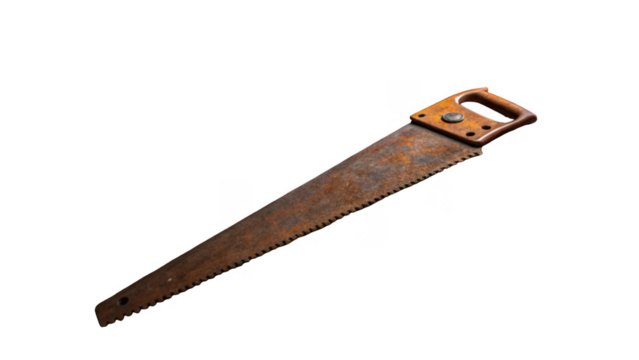 Rusty vintage hand saw with wooden handle isolated on transparent background, ideal for diy, carpentry, and construction projects, evoking a sense of age and history