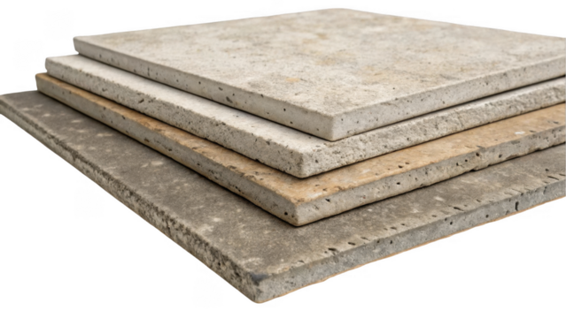 Four stone tiles stacked in a neat pile, showcasing varying textures and colors. The transparent background highlights the natural stone patterns, ideal for construction or design concepts