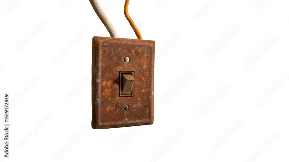Aufkleber Close up of a rusty light switch hanging with exposed wires, isolated on a transparent background, highlighting its age and potential safety hazard