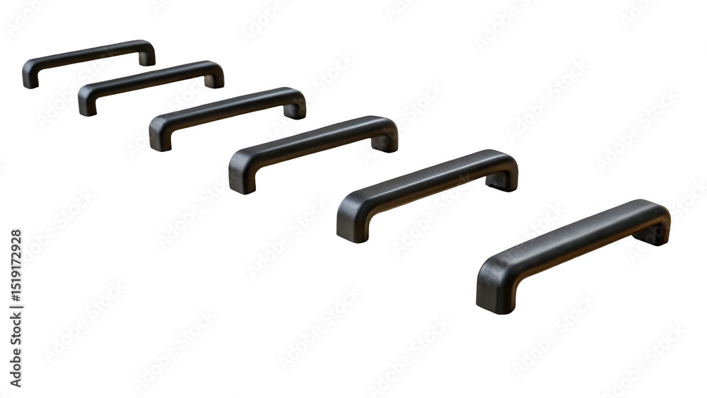 Poster Six black drawer handles are arranged diagonally on a transparent background, increasing in size from left to right, creating a sense of progression and depth