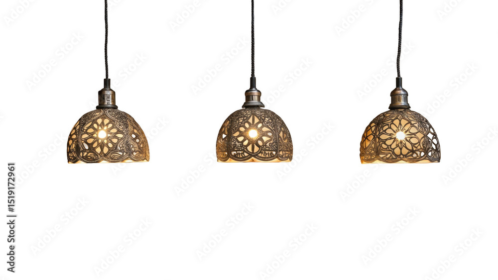 Poster Three illuminated moroccan style lamps are hanging, showcasing intricate metalwork and casting a warm glow, isolated on a transparent background for easy integration into design projects