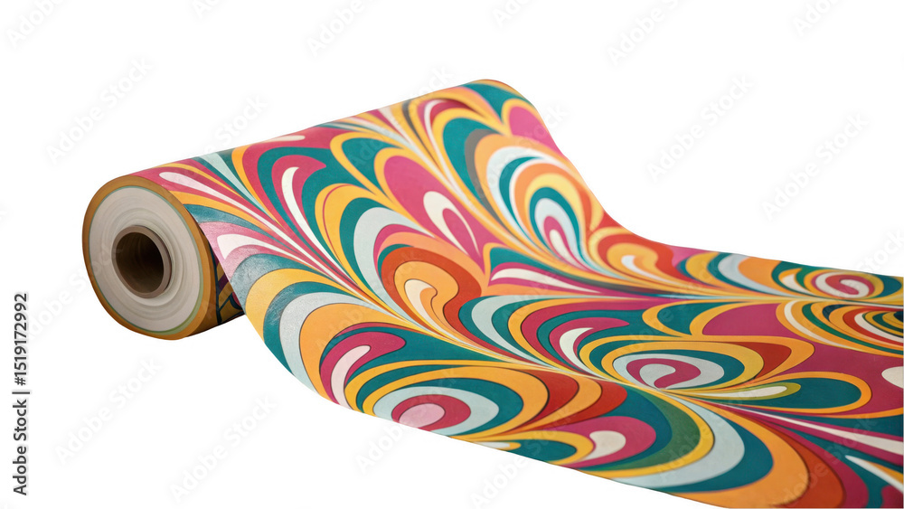 Poster colorful wrapping paper roll is unrolling, revealing a vibrant and swirling pattern, perfect for fes
