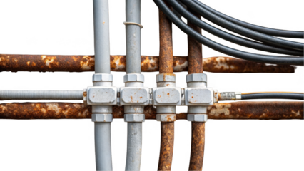 Close up of rusty pipes and electrical conduits with a transparent background, highlighting corrosion and infrastructure decay, perfect for industrial and maintenance projects