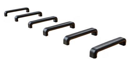 Six black drawer handles are arranged diagonally on a transparent background, increasing in size from left to right, creating a sense of progression and depth