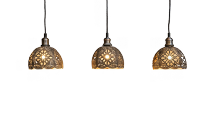 Three illuminated moroccan style lamps are hanging, showcasing intricate metalwork and casting a warm glow, isolated on a transparent background for easy integration into design projects