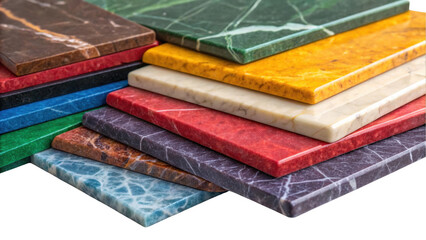 Polished marble tiles in various colors and textures are overlapping, creating a vibrant and luxurious display against a transparent background, perfect for interior design or architecture projects