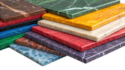 Polished marble tiles in various colors and textures are overlapping, creating a vibrant and luxurious display against a transparent background, perfect for interior design or architecture projects