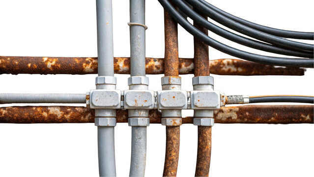 Close up of rusty pipes and electrical conduits with a transparent background, highlighting corrosion and infrastructure decay, perfect for industrial and maintenance projects