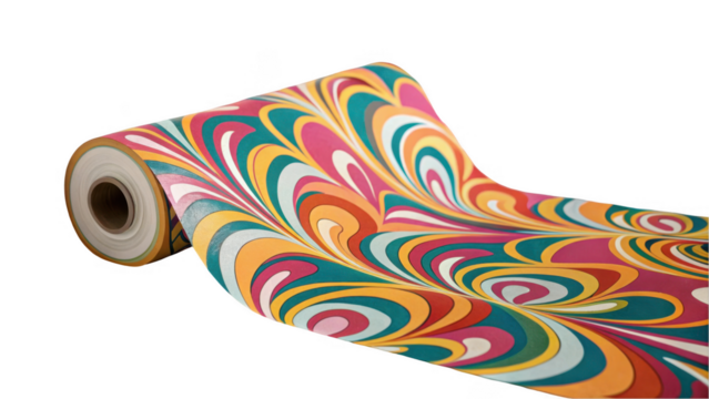 Colorful wrapping paper roll is unrolling, revealing a vibrant and swirling pattern, perfect for festive occasions, set against a transparent background for easy integration into designs