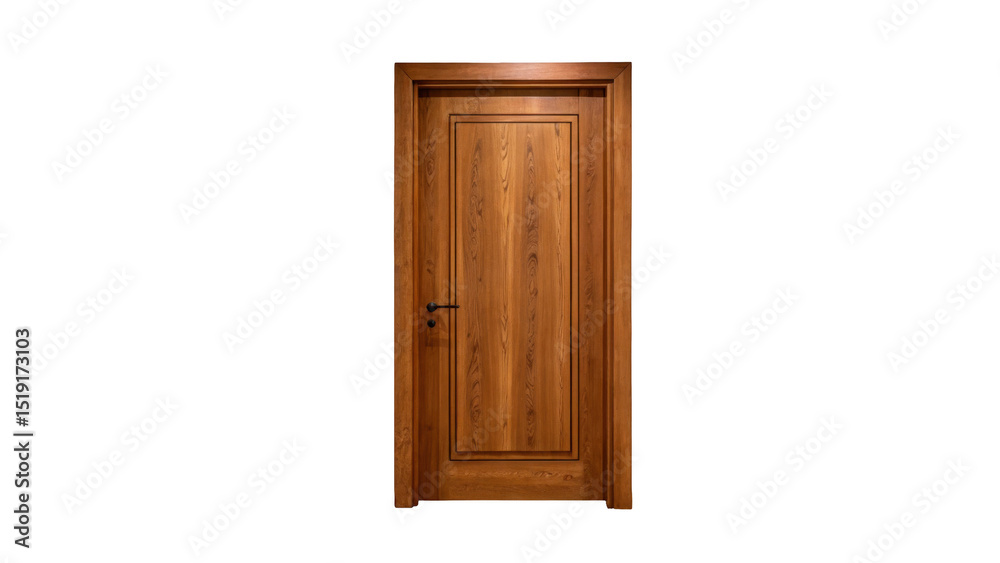 Poster classic wooden door with a metal handle is closing, isolated on a transparent background, perfect fo