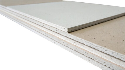 Stacks of plasterboard or drywall reveal their layered structure and varied surface colors against a transparent background, ready for design projects