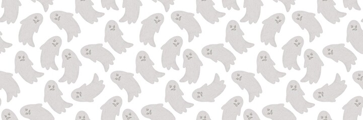 Seamless pattern of gray cartoon ghost characters with angry faces on a white background in a playful Halloween-themed. Watercolor style