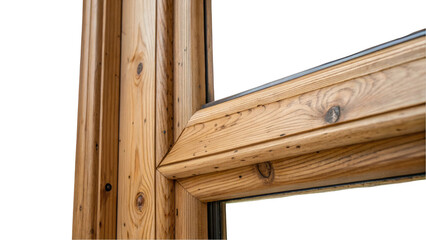 Close up view of a corner of wooden window frame highlighting natural wood grain, knots, and texture, set against a transparent background, ideal for architectural or design projects