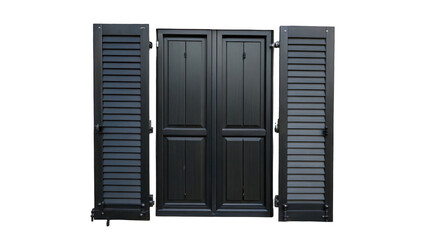 Modern dark gray window featuring open shutters, isolated on a transparent background. Ideal for architectural visualization and design projects, enhancing contemporary aesthetics