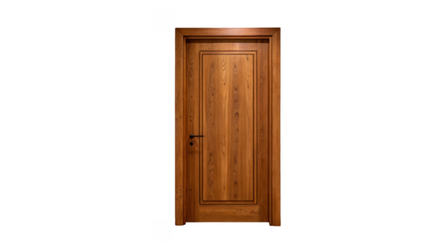 Classic wooden door with a metal handle is closing, isolated on a transparent background, perfect for architectural visualization or interior design projects