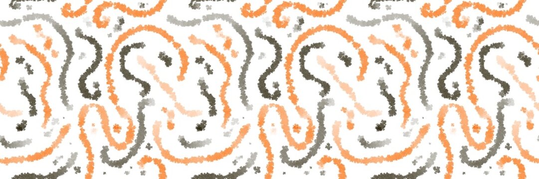 Seamless abstract pattern of hand-painted curved lines and scribbles in orange, black, and gray watercolor on a white background Watercolor style