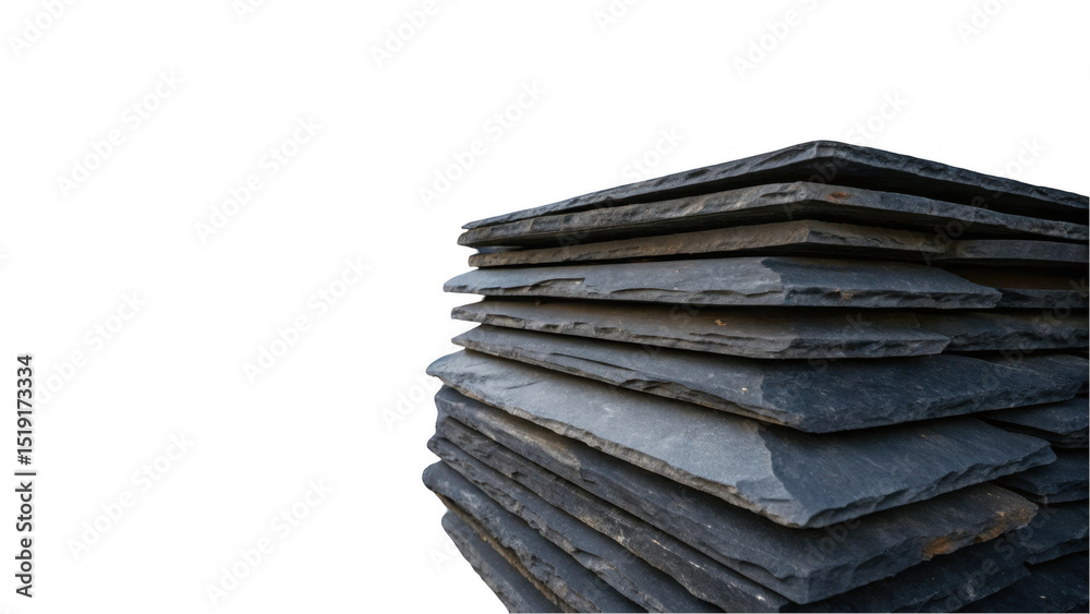 Aufkleber Neatly stacked pile of slate tiles with a transparent background, showcasing their texture and layers. Ideal for design projects, architecture, or construction themes
