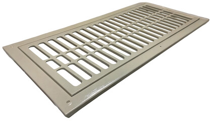 Metallic air vent grille designed for ventilation systems, featuring a rectangular shape and a series of horizontal slats. Displayed on a transparent background for easy integration