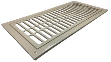 Metallic air vent grille designed for ventilation systems, featuring a rectangular shape and a series of horizontal slats. Displayed on a transparent background for easy integration