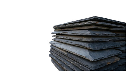 Neatly stacked pile of slate tiles with a transparent background, showcasing their texture and layers. Ideal for design projects, architecture, or construction themes