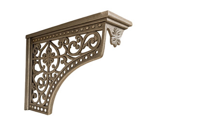 Metal bracket with ornate floral design isolated on transparent background, showcasing craftsmanship and elegance, suitable for architectural or interior design projects