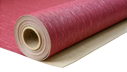 Red wallpaper roll unrolling, revealing its textured surface and the wooden surface beneath, against a transparent background, perfect for home decor projects