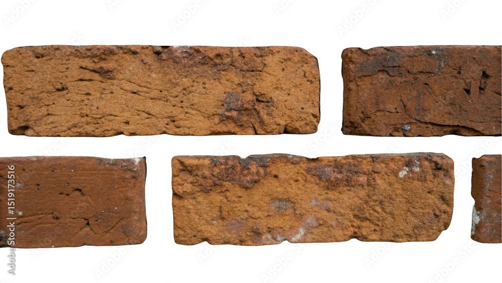Aufkleber five old red bricks are forming a small section of a wall, isolated on transparent background, perfe