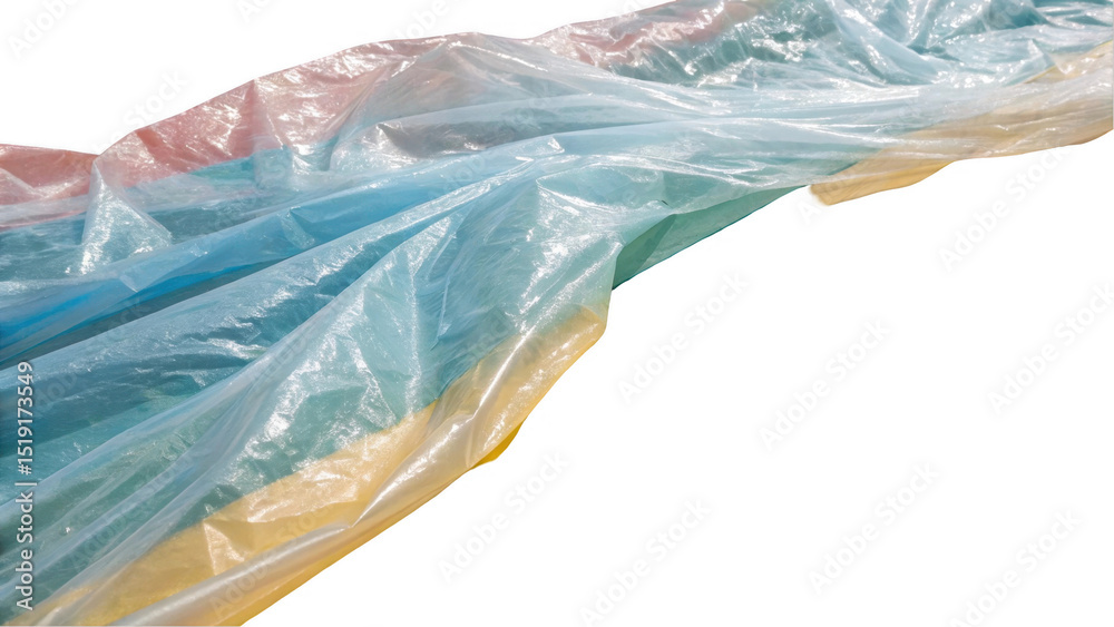 Poster Transparent plastic film floating and covering a colorful surface, creating an abstract textured effect with transparent background, ideal for graphic design projects