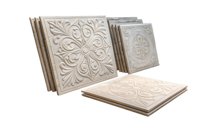 Elegant decorative wall panels featuring intricate floral patterns and ornate designs, displayed on a transparent background, ideal for interior design and architectural projects