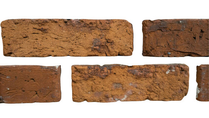 Five old red bricks are forming a small section of a wall, isolated on transparent background, perfect for easy integration into photo editing projects