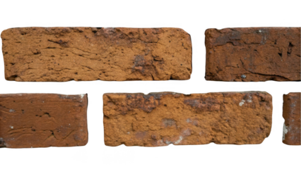 Five old red bricks are forming a small section of a wall, isolated on transparent background, perfect for easy integration into photo editing projects