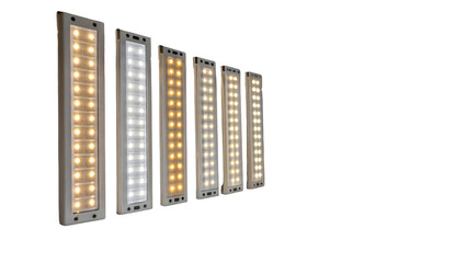 Led light panels in various color temperatures arranged in a row. The lights range from warm to cool tones, set against a transparent background, highlighting their design and functionality