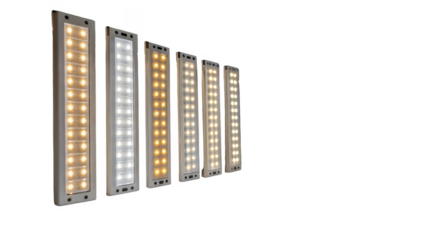 Led light panels in various color temperatures arranged in a row. The lights range from warm to cool tones, set against a transparent background, highlighting their design and functionality