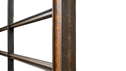 Close up of a rusty metal i beam structure, showcasing its weathered texture and industrial aesthetic against a transparent background, ideal for architectural visualizations or design projects