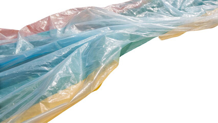 Transparent plastic film floating and covering a colorful surface, creating an abstract textured effect with transparent background, ideal for graphic design projects