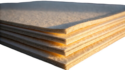 Filtering material stacked with light illuminating edges on a transparent background, showcasing texture and layering for industrial or construction applications
