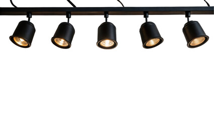 Five sleek black spotlights illuminate against a transparent background, showcasing modern track lighting design. Ideal for interior design concepts and lighting solutions