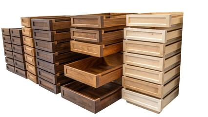 Multiple wooden drawers are stacked in a neat arrangement, showcasing different wood tones and textures. The transparent background highlights the variety and craftsmanship of each piece