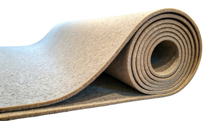 Carpet underlay partially rolled up, showcasing its rich texture and substantial thickness, isolated against a transparent background, prepared for upcoming flooring installation