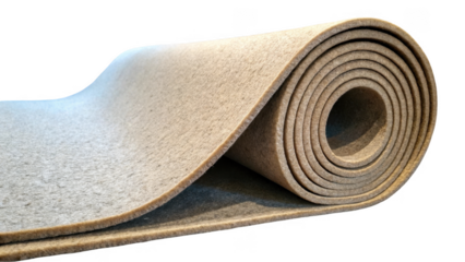 Carpet underlay partially rolled up, showcasing its rich texture and substantial thickness, isolated against a transparent background, prepared for upcoming flooring installation